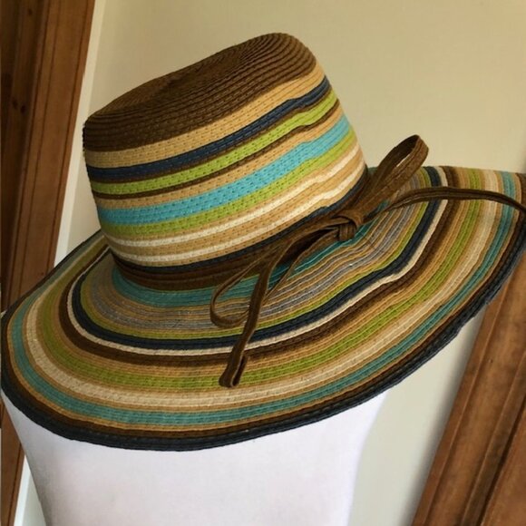 CYNTHIA ROWLEY Striped Straw Floppy Hat Blue Brown Green One Size - Picture 3 of 16